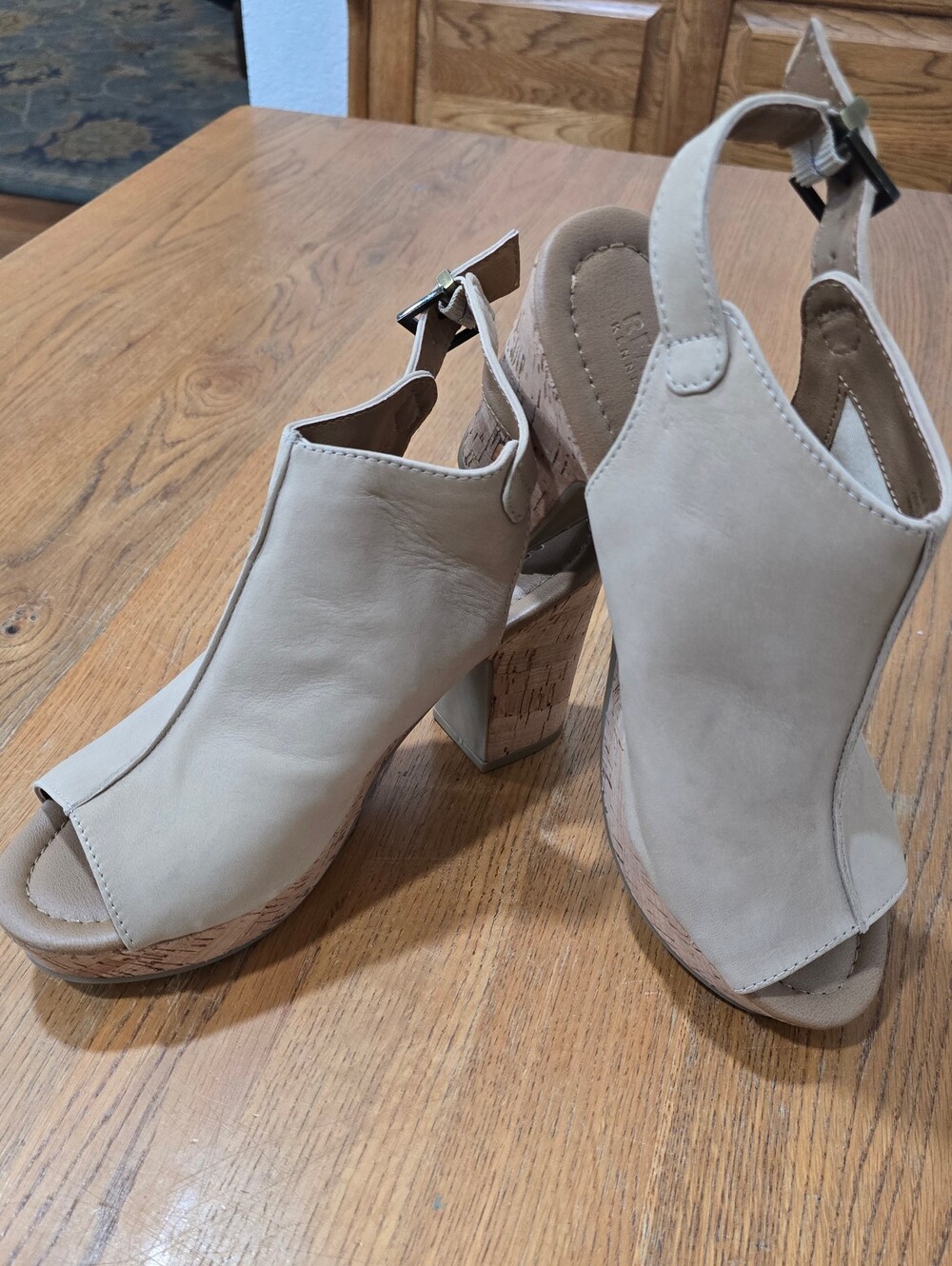 Kenneth Cole Reaction Taupe Cork Block Heel Sling Open Toe Platforms-Size 8.5